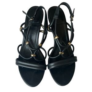 Isola Elegant Black Strappy Wedge Sandals with Gold Accents Size 9
